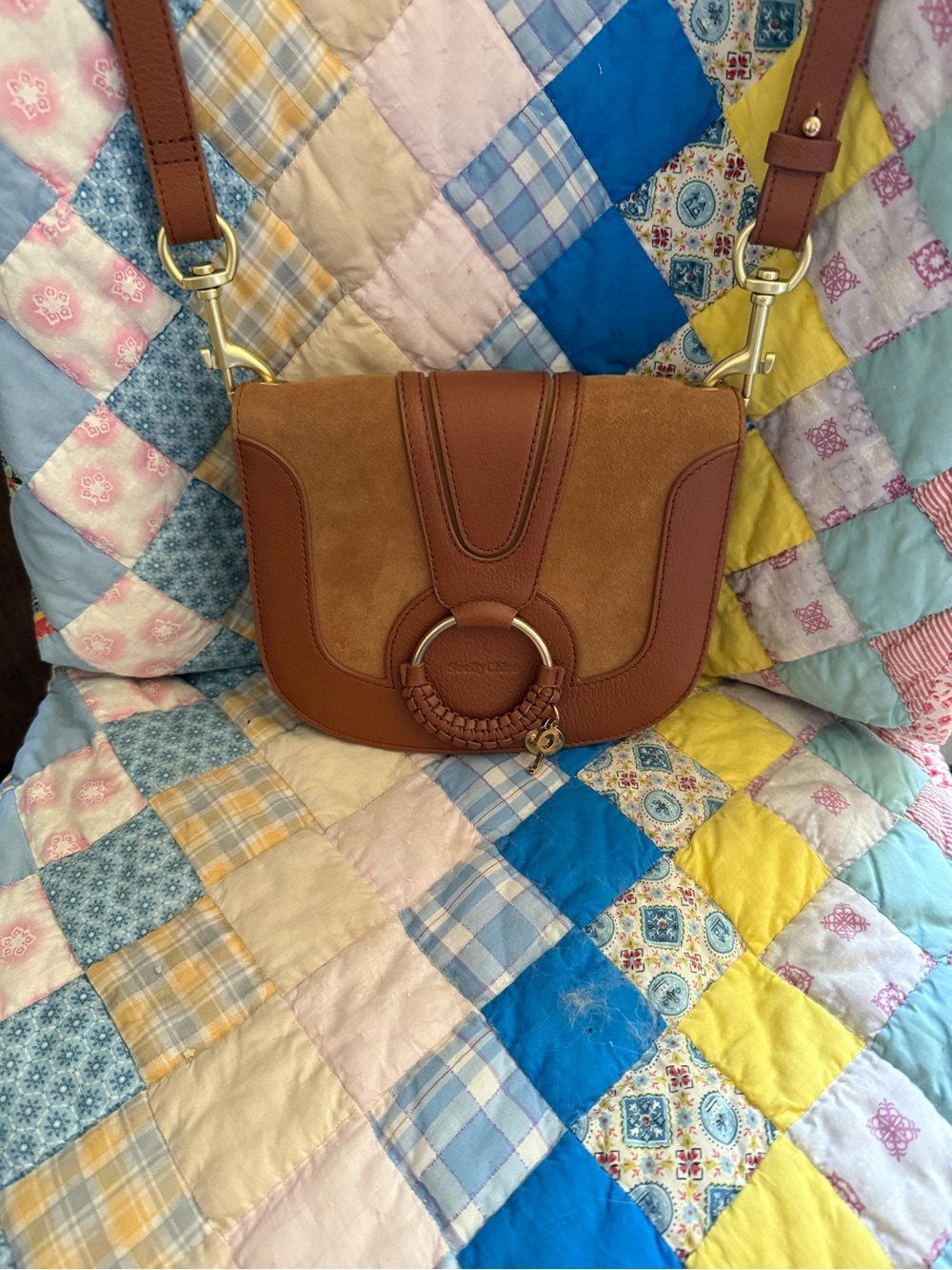 See By Chloe tan brown Suede & Leather Crossbody with Braided Ring